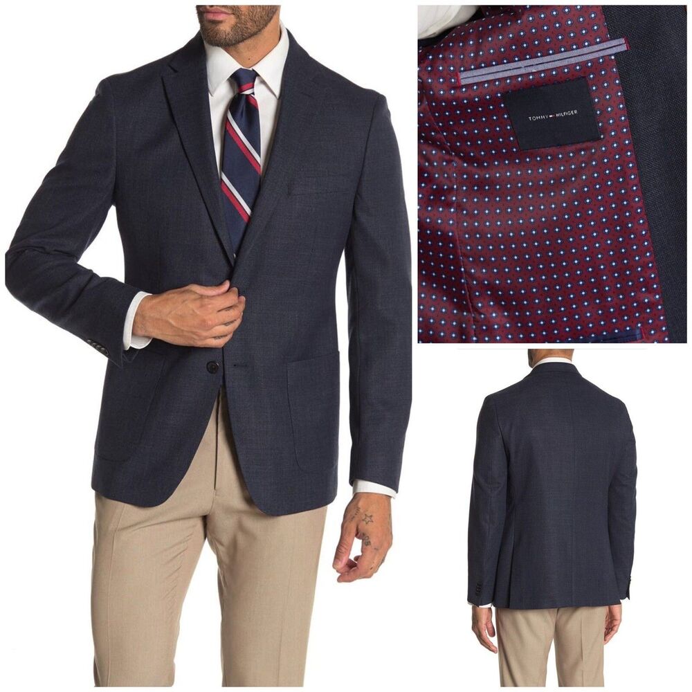 TOMMY HILFIGER Men's Modern-Fit TH Flex Wool Blue Weave Sport Coat Jacket 42L